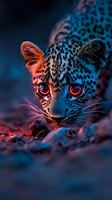 Close-up portrait of leopard face with intense red eyes in dramatic lighting, combining warm orange and cool blue tones against dark background, showing wild nature.