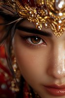 Close-up of brown eye with gold glitter makeup and decorative headpiece, showing partial face of South Asian woman with glowing skin and glossy lips.