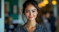 Young Asian businesswoman with warm smile wearing striped blouse in modern office environment, natural makeup and casual updo hairstyle with soft bokeh lighting.
