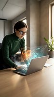 Young professional woman with glasses working on laptop with holographic digital interface projections in modern office workspace for technology concepts.