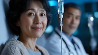 Asian middle-aged woman patient receiving IV treatment in hospital with caring doctor in background, medical care and recovery concept.