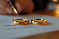 Golden wedding rings on marriage certificate with signing hand in background, romantic moment captured in warm lighting, symbolizing commitment and love.
