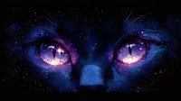 Mystical cat eyes with cosmic galaxy reflections glowing in dark blue fur, featuring starry night sky and purple nebula patterns in feline pupils.