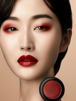 Young Asian woman wearing vibrant red eyeshadow and lipstick with cosmetic product shown below, representing professional beauty and makeup artistry on beige background.