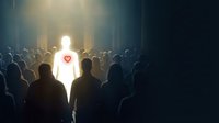 Silhouettes of people walking toward bright light with glowing heart symbol, representing hope, love, and spiritual journey through darkness to enlightenment.