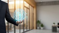 Professional businessman holding glowing digital network sphere in modern office environment representing global connectivity and technology innovation.