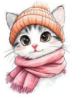 Adorable white cat wearing peach knit beanie and pink scarf, drawn in cute cartoon style with big expressive eyes. Isolated illustration for winter season designs.