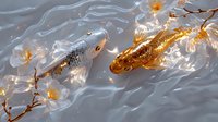 Magical koi fish swimming in rippling water with glowing cherry blossoms, oriental art style composition featuring white and golden carp in ethereal atmosphere.