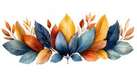 Watercolor autumn leaves arrangement in navy blue and orange tones, featuring layered foliage composition on white background, isolated botanical design element.