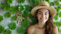Young Caucasian woman in straw hat smiling against green clover leaves background. St Patrick's Day celebration concept with shamrock decorative pattern.