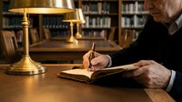 Senior businessman writing in leather journal at wooden desk with brass lamp in traditional library setting for professional documentation and planning.