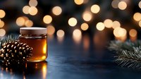 Glowing honey jar with pine cone and evergreen branch against blurred golden bokeh lights creating cozy winter atmosphere on dark background.