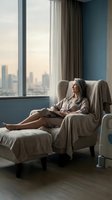 Mature Caucasian woman relaxing in comfortable armchair by window with city skyline view, wearing cozy robe in modern apartment interior for wellness lifestyle.