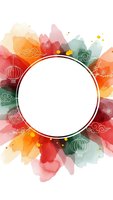 Colorful watercolor frame with Asian motifs, lanterns and cloud patterns surrounding white circle for text or logo design on transparent background.