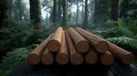 Freshly cut wooden logs stacked neatly in misty forest surrounded by green ferns, moody atmospheric nature scene with raw timber materials.