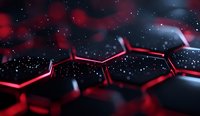 Glowing red hexagonal molecular structure against dark background with bokeh effect and depth of field, representing scientific research and technology.