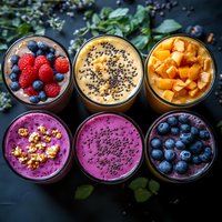 Colorful healthy smoothie bowls with fresh berries, mango, chia seeds and granola toppings arranged on dark background. Nutritious breakfast or snack options.