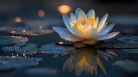 Serene water lily blooming at dusk with glowing center and dewdrops on petals, reflecting in dark water with bokeh lights in background.