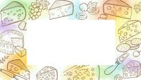 Hand-drawn cheese varieties frame with colorful watercolor splashes on white background. Dairy products border for culinary designs and food packaging.