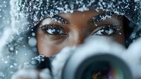African American female photographer's intense eyes behind camera lens with snow or frost creating magical winter atmosphere and bokeh light effects.