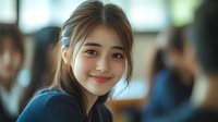 Young Asian businesswoman smiling confidently in modern office environment with colleagues working in background for corporate and professional content.