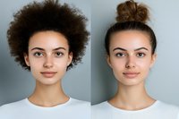 Two young women with different hairstyles - one with natural afro curls and another with hair in bun wearing white tops against gray background, front view portrait.