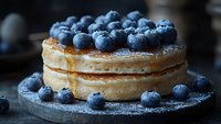 Layered sponge cake topped with fresh blueberries and powdered sugar on rustic wooden board for bakery menu dessert photography.