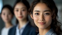 Young Asian businesswoman smiling confidently with female colleagues in background. Professional team portrait for corporate communications and workplace diversity.