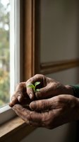 Weathered hands of an elderly man holding a tiny green seedling near a window, symbolizing growth, care, and environmental hope.