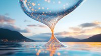 Magical hourglass filled with glowing particles reflects in calm water at sunset, mountains silhouette in background creates dreamy atmosphere for fantasy concepts.