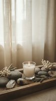 Spa wellness scene with lit candle, smooth stones, dried flowers on wooden tray near window with soft natural light for relaxation and meditation.