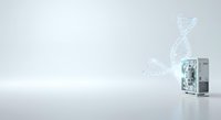 Modern 3D bioprinter with digital DNA helix visualization on white background, representing biotechnology, genetic engineering, medical innovation, and advanced laboratory equipment for healthcare applications.