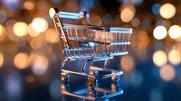Empty shopping cart against blurred golden bokeh lights background creating festive retail atmosphere for seasonal sales and commerce concepts.