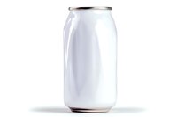 White aluminum beverage can isolated on white background with soft shadow, blank mockup for design presentation and branding projects.