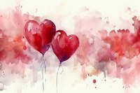 Romantic watercolor illustration of two red heart-shaped balloons floating against soft pink and white background, perfect for Valentine's cards, wedding invitations and love concepts.