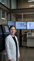 Young female scientist in white lab coat smiling in modern research laboratory with multiple computer monitors and advanced equipment for medical research.