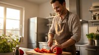 Middle-aged Caucasian man chopping fresh red bell peppers in modern kitchen with natural sunlight streaming through window during meal preparation.