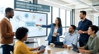 Diverse business team collaborating on transformation strategy in modern conference room with presentation screen and charts.