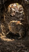 Wild cottontail rabbit sitting in underground burrow tunnel with natural lighting and forest floor background for wildlife photography projects.