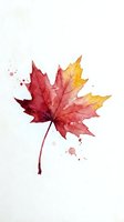 Watercolor maple leaf in autumn colors with artistic paint splatters on white background for seasonal designs and fall decorations.