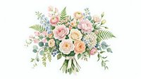 Wedding bouquet with pink roses, eucalyptus and ferns on white background. Bridal flowers arrangement isolated for invitations and romantic designs.