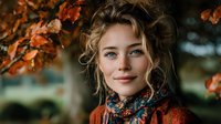 Young blonde woman with curly hair and blue eyes wearing colorful scarf outdoors in autumn setting with orange foliage background for lifestyle photography.