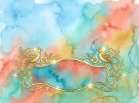 Watercolor background with ornate gold frame featuring decorative birds and flourishes, soft pastel colors blending across canvas, suitable for invitations and design projects.