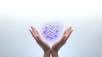 Hands holding glowing purple neon arrow symbol pointing upward, representing growth, success, and progress for business and marketing concepts.