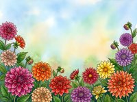 Colorful dahlia flowers frame with vibrant blooms in pink, orange, purple and yellow creating decorative border on soft watercolor background.
