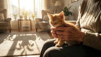 Ginger tabby kitten held in human hands in warm sunlit living room with cozy furniture and natural light for pet care and lifestyle content.