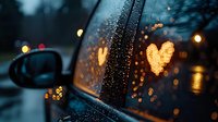 Raindrops on car window with heart-shaped bokeh lights creating romantic evening atmosphere during rainy weather in urban setting.