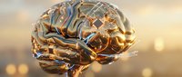 Golden metallic brain with flowing neural pathways and warm bokeh lighting for medical education, neuroscience research, and artificial intelligence concepts.