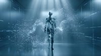 Digital human figure dissolving into glowing particles and data streams in futuristic cyberspace environment, representing artificial intelligence, technology transformation, and virtual reality concepts.