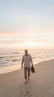 Middle-aged Caucasian male walking barefoot on sandy beach at sunset, holding shoes in hand, wearing casual linen shirt and pants, serene coastal landscape with golden hour lighting.